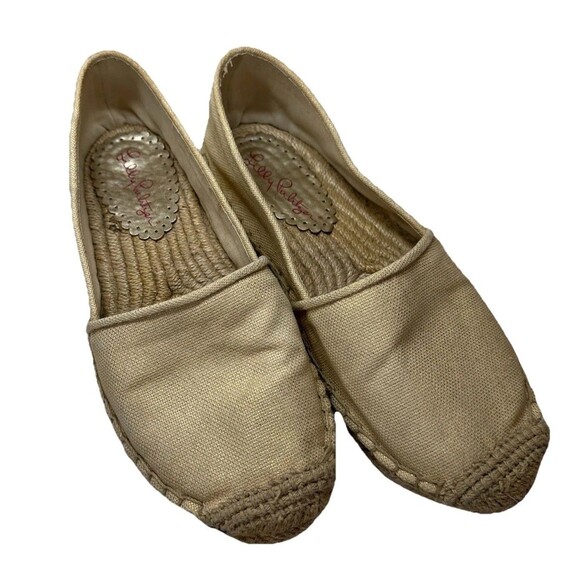 Lilly Pulitzer Lia Espadrille Slip On Shoes Gold On Beige Women’s Size 9 Resort - Picture 1 of 13